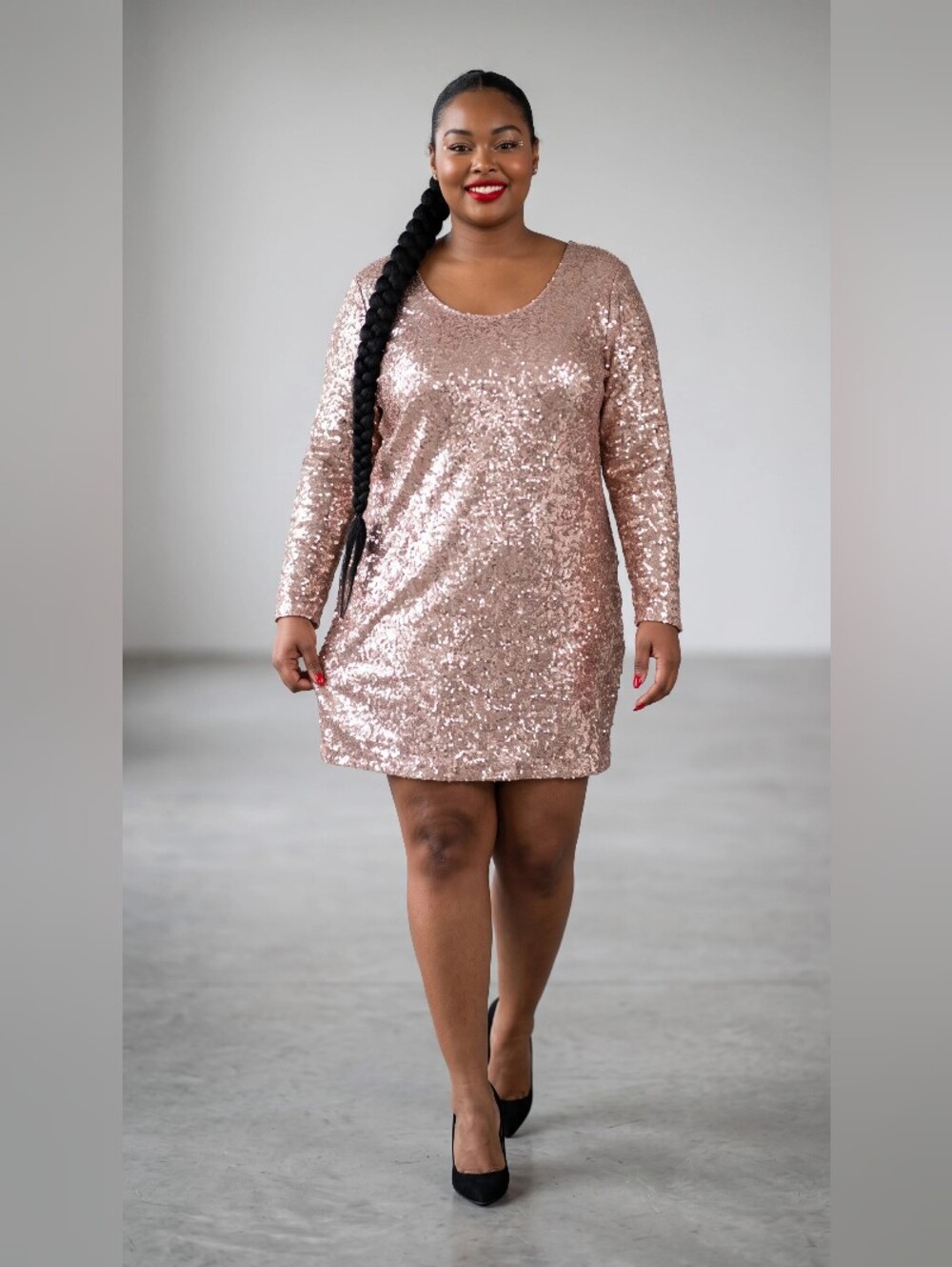 LOOKBOOK STORE Plus Sequin Long Sleeve Shift Dress in Rose Gold SIZE 32W